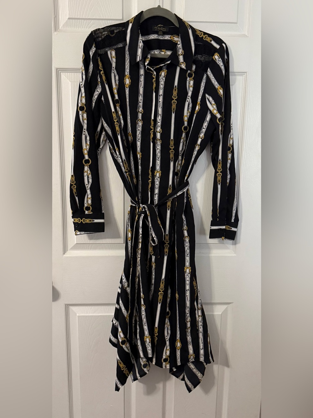 Thalia Sodi Black Long-Sleeve Belt Print BShirt Dress Button Down Large, NWOT